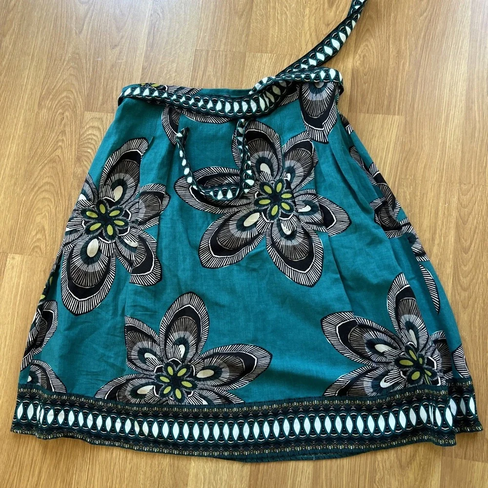 East 5th A-Line Skirt Sz 10 Boho Linen Blend Teal Floral Belt Pleated‎ Tie Belt
